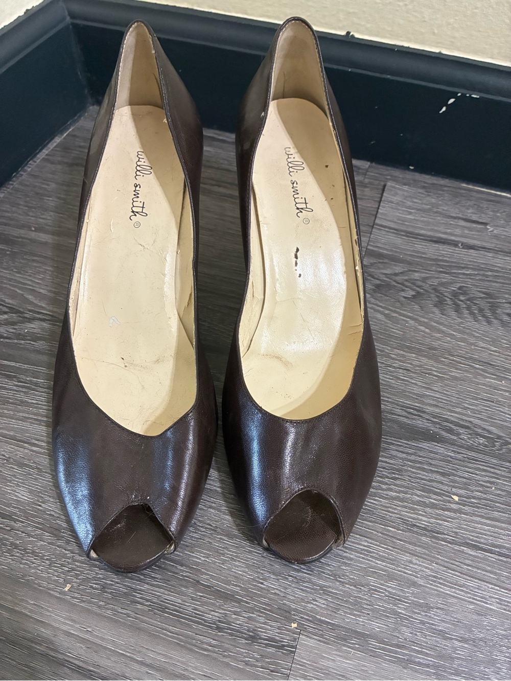 Willi Smith Dark Brown Peep-Toe Leather Heels